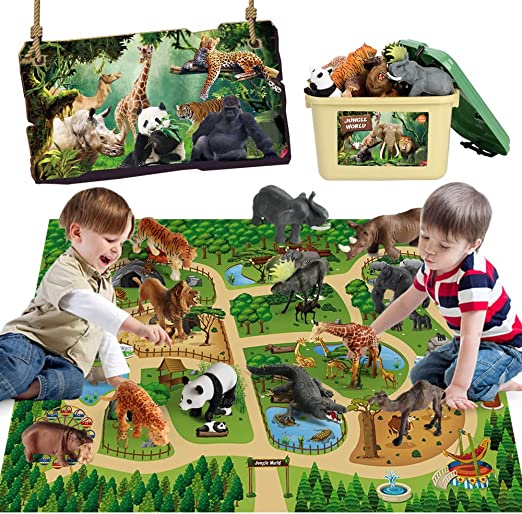 Photo 1 of Mini Tudou 12 Pcs Safari Animals Figures Toys w/ 57x38.6’’ Large Activity Play Mat, Realistic Jumbo Jungle Wild Zoo Animals Figurines Playset w/ Elephant, Giraffe, Lion for Kids Toddlers Boys Girls
