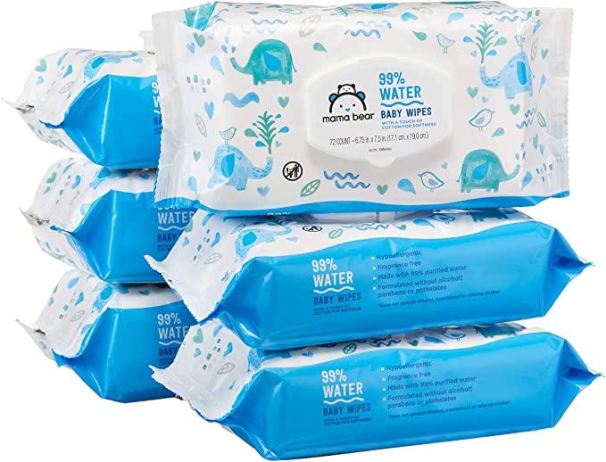 Photo 1 of Amazon Brand - Mama Bear 99% Water Baby Wipes, Hypoallergenic, Fragrance Free,72 Count (Pack of 6)
