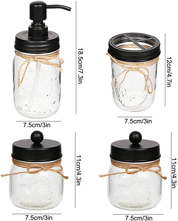 Photo 1 of Aebor Mason Jar Bathroom Accessories Set(4 Pcs)-Foaming Soap Dispenser &2 Cotton Swab Holder Set &Toothbrush Holder(Black) 