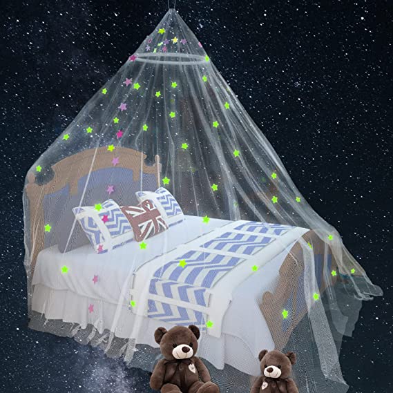 Photo 1 of Bed Canopy with Twinkle Stars Glow in the Dark for Girls, Kids Or Adults, Bed Mosquito Net with Colorful flags, Stars String, Starry Night Canopy Bed Curtains for Kids Bed, or Single to King Size Beds