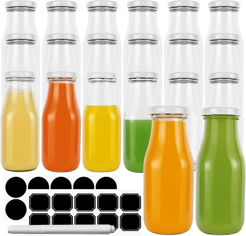 Photo 1 of 20 Pack 11 oz / 330ml Clear Glass Milk Bottles with Lids (Tinplate). Glass Drinking Bottles for Juicing,Water,Honey. Vintage Jars With 40 Labels and 1 Pen for Parties,Kids.
