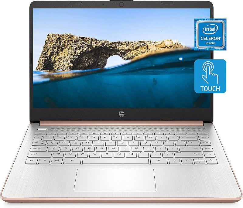 Photo 1 of HP 14 Laptop, Intel Celeron N4020, 4 GB RAM, 64 GB Storage, 14-inch HD Touchscreen, Windows 10 Home, Thin & Portable, 4K Graphics, One Year of Microsoft 365 (14-dq0070nr, 2021, Pale Rose Gold)
