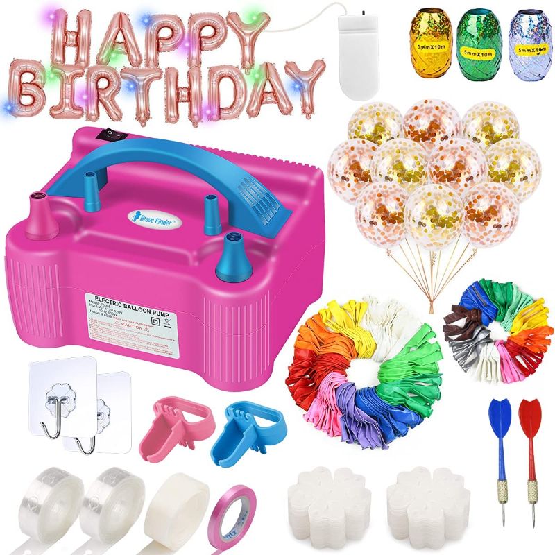 Photo 1 of 208PCS Electric Balloon Pump Set, Balloon Inflator Blower with Happy Birthday Party Balloons, Portable Dual Nozzle 110V 600W, LED lights Decoration Accessory for Birthday Party Wedding Festival Air Pump
