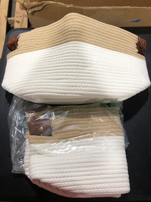 Photo 2 of 2 PACK BROWN AND WHITE WOVEN BINS WITH HANDLES