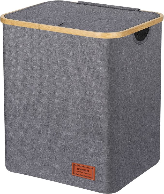 Photo 1 of DOFASAYI Laundry Hamper with lid - 85L XL- Large Laundry Basket with Bamboo Handles, Portable Clothes Hamper for Dorm Room, Bathroom, bedroom, Grey foldable Hamper for Toys, closet, Clothing, Grey
