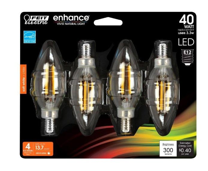 Photo 1 of 40-Watt Equivalent B10 E12 Candelabra Dimmable Filament CEC Clear Glass Chandelier LED Light Bulb Soft White (4-Pack)
