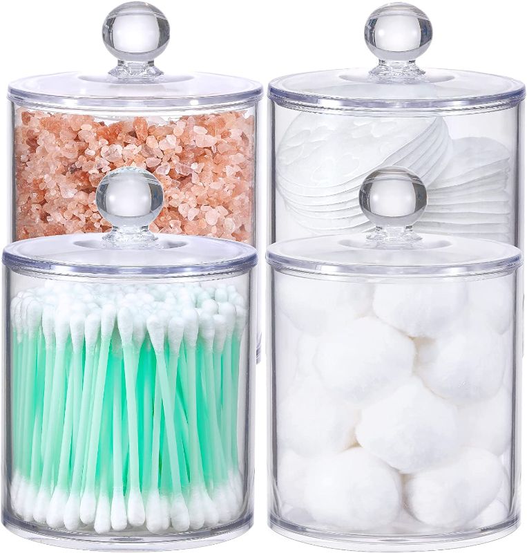 Photo 1 of 4 Pack 18 OZ Qtip Holder Dispenser for Cotton Ball, Cotton Swab, Cotton Round Pads, Floss - Clear Plastic Apothecary Jar Set for Bathroom Canister Storage Organization, Vanity Makeup Organizer
