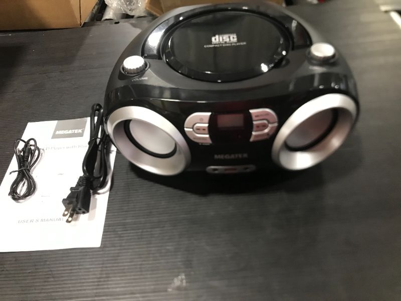 Photo 2 of MEGATEK Portable CD Player/Radio/Bluetooth Boombox with Enhanced Stereo Sound, CD-R/CD-RW/MP3/WMA Playback, USB Port, AUX Input, Headphone Jack, Backlit LCD Display, AC/Battery Operated
