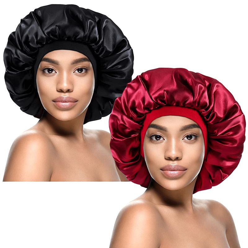 Photo 1 of Kenllas Silk Satin Bonnet for Women - 2 PCS Extra Large Caps for Long Frizzy Curly Dreadlock Braid Hair (Black & Red)
