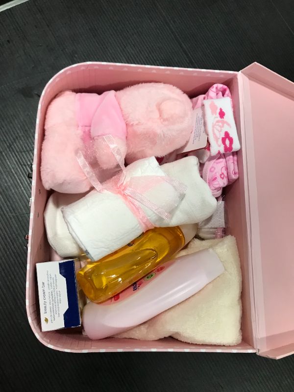 Photo 1 of Baby Gift Set – Keepsake Box in Pink with Baby Clothes, Teddy Bear and Gifts for a Baby Girl
