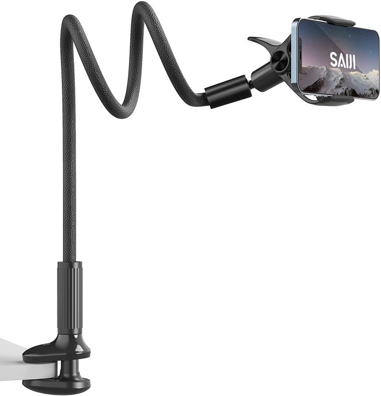 Photo 1 of Gooseneck Phone Holder for Bed - SAIJI Overall Length 38.6” Flexible Leather Wrapped Arm Overhead Cell Phone Mount Stand with 360° Adjustable Clamp Clip, Compatible with All 4-7” Cellphones (Black)
