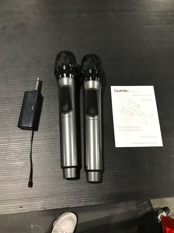 Photo 2 of Saiyin Wireless Microphones,UHF Dual Handheld Dynamic Mic Karaoke System with Rechargeable Microphones and Receiver, 200 ft Range, 1/4’’?1/8’’ Output for Amplifier, PA System MISSING HARDWARE
