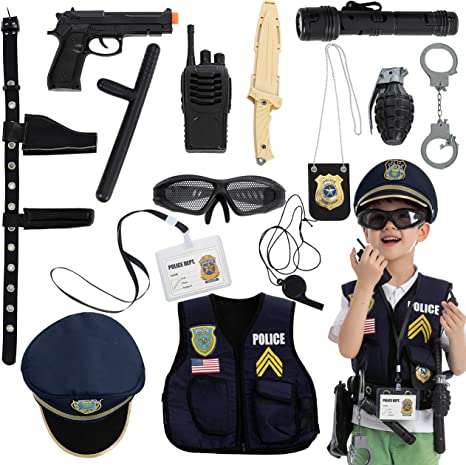 Photo 1 of 14 Pcs Police Pretend Play Toys Hat and Uniform Outfit for Halloween Dress Up Party, Police Officer Costume, Role-playing
