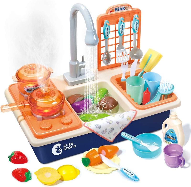 Photo 1 of Pretend Play Kitchen Sink Toys with Play Cooking Stove, Pot and Pan with Spray Realistic Light and Sound, Dish Rack & Play Cutting Food, Utensils Tableware Accessories for Kids Toddlers
