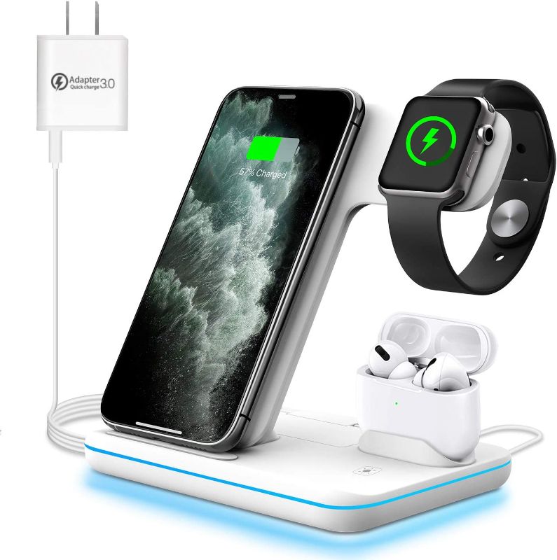 Photo 1 of WAITIEE Wireless Charger 3 in 1, 15W Fast Charging Station for Apple iWatch 6/5/4/3/2/1,AirPods Pro,for 13Pro Max/13 Pro/13/12/11/11 Pro/X/Xr/Xs/8/Samsung Galaxy Phone Series (No Watch Charging Cable) MISSING POWER CORD
