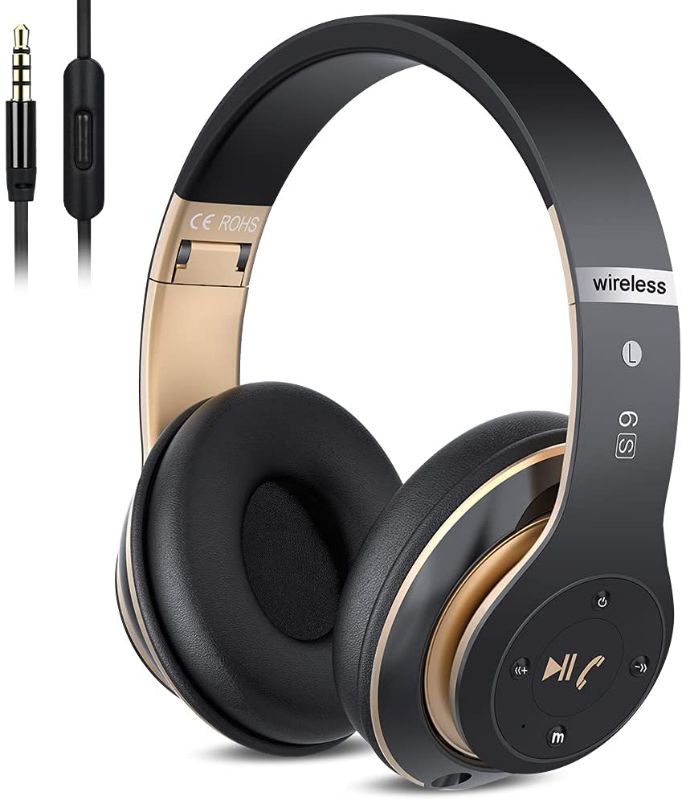 Photo 1 of 6S Wireless Bluetooth Headphones Over Ear, Hi-Fi Stereo Foldable Wireless Stereo Headsets Earbuds with Built-in Mic, Volume Control, FM for Phone/PC (Black & Gold)
