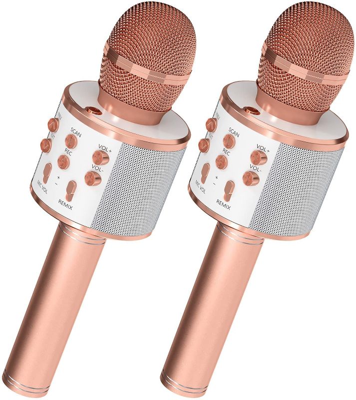 Photo 1 of OVELLIC 2 Pack Karaoke Microphone for Kids, Wireless Bluetooth Karaoke Microphone for Singing, Portable Handheld Mic Speaker Machine, Gifts Toys for Girls Boys Adults All Age (Rose Gold)
