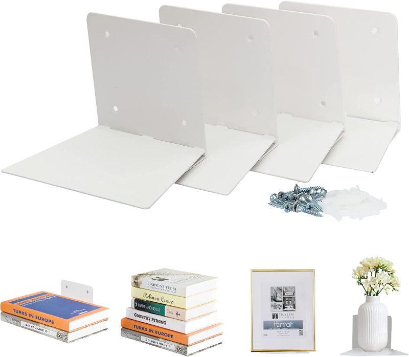 Photo 1 of STORAGE MANIAC Invisible Floating Bookshelves Wall Mounted, Heavy-Duty Book Organizers, Iron Wall Mounted Shelves for Bedroom, White 4-Pack Large
