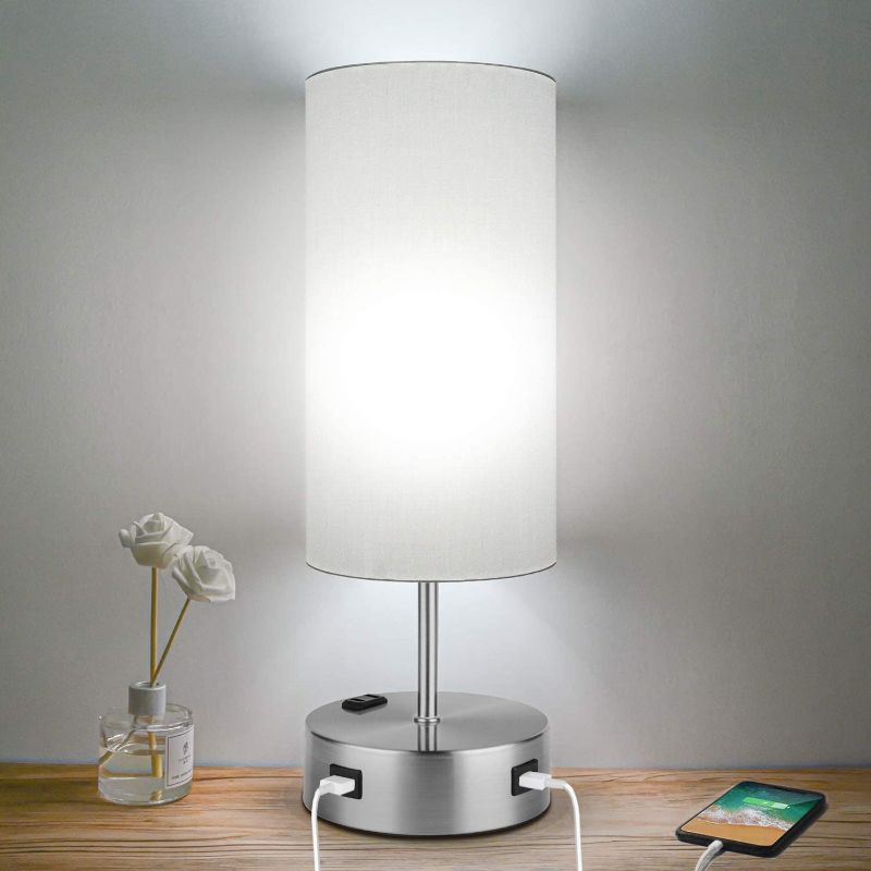 Photo 1 of 3-Way Dimmable Touch Control Table Lamps with 2 USB, AC Outlet and E26 60W 5000K Daylight White Edison Bulbs Included, Perfect for Living Room Office Reading, Silver
