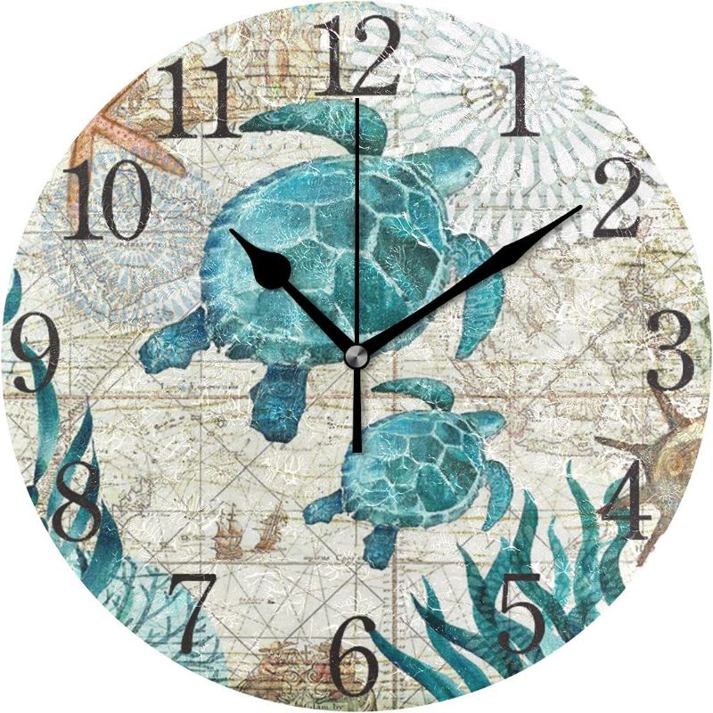 Photo 1 of Bolaz Silent Non Ticking Round Wall Clock, Vintage Ocean Sea Turtle Starfish Map Home Decor Battery Operated for Living Room, Kitchen, Bedroom
