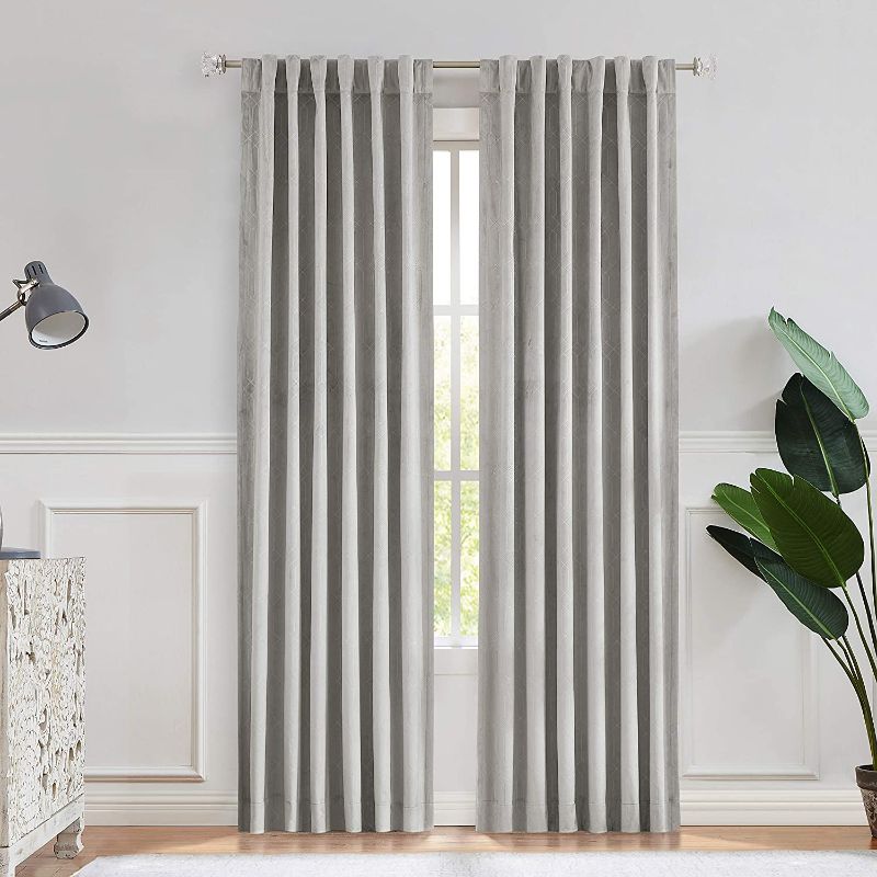 Photo 1 of Central Park Moderate Velvet Blackout Window Curtain Panels 84in Long Rod Pocket Backtabs for Living Room Bedroom Geo EmbossedTrellis Window Treatment Drape Sets 52inx 84inx2,Panel Pairs to Go, Gray
