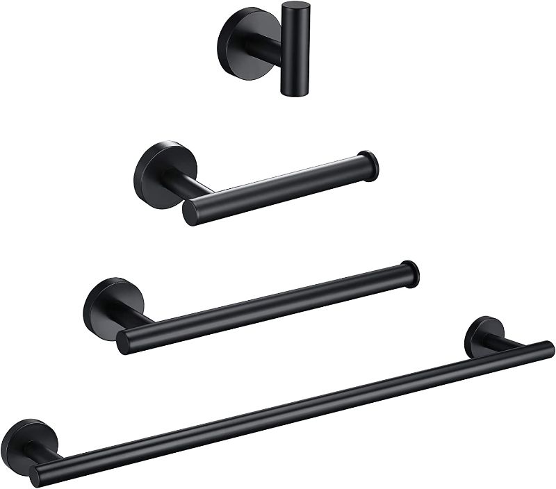 Photo 1 of 4-Piece Bathroom Hardware Accessories Set Stainless Steel Polished Chrome 16 inch Towel Bar + Toilet Paper Holder + Hand Towel Rack + Towel Hook (Matte Black, 16 inch)
