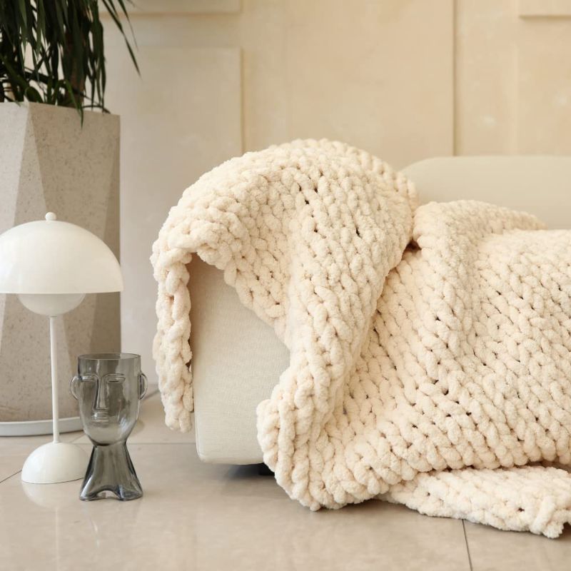 Photo 1 of Abound Chunky Knit Blanket Throw - Queen Size (50"x60", 5 lbs) - Chenille Yarn Knitted Blanket - Crochet Blanket - Cable Knit Throw Blanket - Weighted Chunky Blanket, Gift - Machine Washable (Beige)
