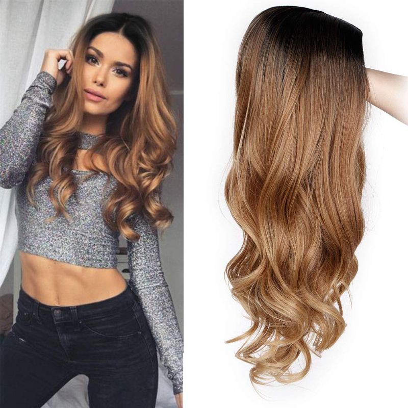 Photo 1 of  Ombre Wig for Women Long Brown Curly Synthetic Wigs Middle Part Wavy Wigs Heat Resistant Fiber
