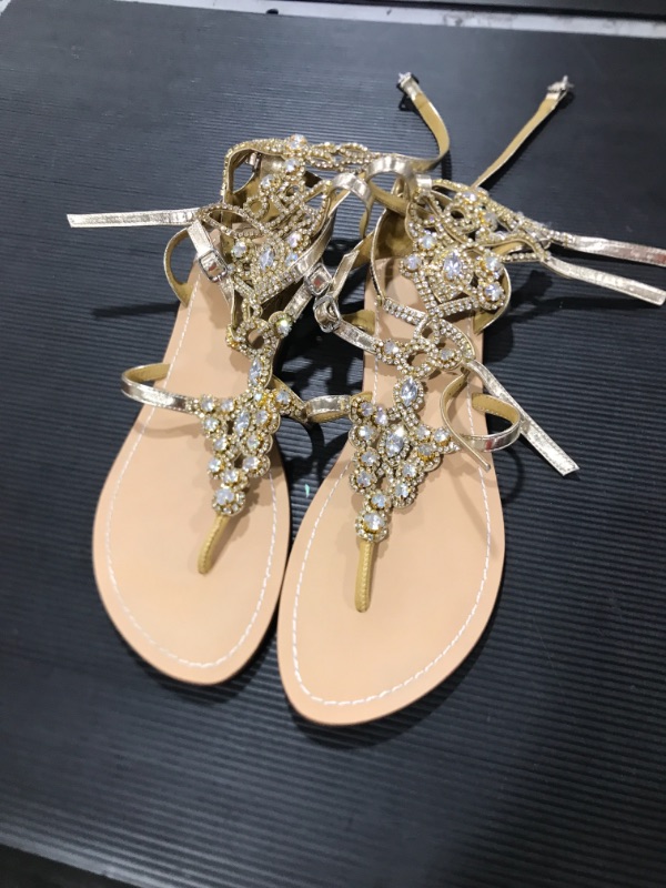 Photo 2 of Hinyyrin Women's Rhinestone Sandals Gold Silver Gladiator Sandals Summer Flat Dress Sandals size 12
