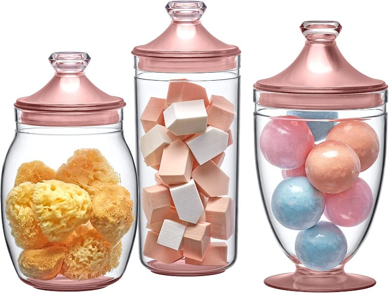 Photo 1 of Amazing Abby - Adore Romantic - Acrylic Apothecary Jars (3-Piece Set), Plastic Jars with Lids, Bathroom Canisters, Vanity Organizers, Candy Buffet, Wedding Display, BPA-Free and Shatter-Proof
