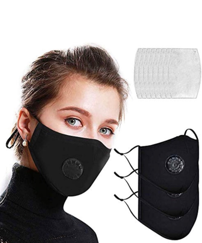 Photo 1 of 3 Pack Reusable Black Cotton Mouth Cover with Breathing Valve, Washable Fa-ce Shield Adjustable Ear Loops With 8 Pcs Activated Carbon Filter for Men and Women