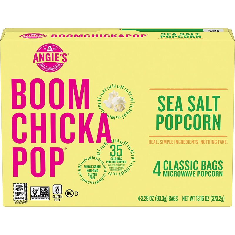 Photo 1 of Angie's BOOMCHICKAPOP Sea Salt Microwave Popcorn, 3.29 Oz Bags, 13.16 Oz, 4 PACK. EXP: 08/09/2023
