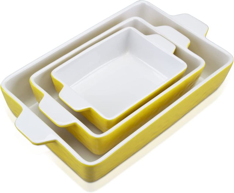 Photo 1 of Cibeat Ceramic Bakeware Set, Rectangular Baking Dish Lasagna Pans for Cooking, 3-Piece Porcelain Casserole Dish With Handle, Dishwasher Safe Baking Pan Set, 11.7 x 8 Inches, Yellow
