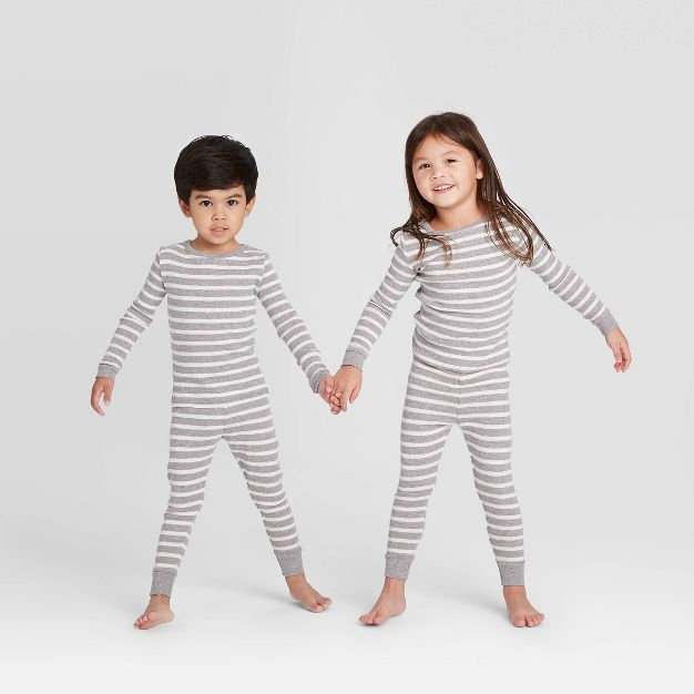 Photo 1 of Toddler Striped 100% Cotton Tight Fit Pajama Set - Gray (2T)
