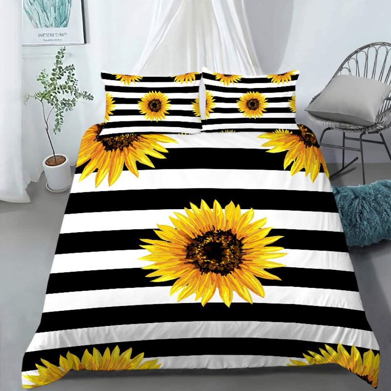 Photo 1 of AILONEN Sunflower Bedding Set King Size, Black and White Striped Flower Duvet Cover Set,Superior Yellow Flower Bed Cover Set,Printed Stripe Comforter Cover,Pillow Case,Microfiber Fabric,No Comforter