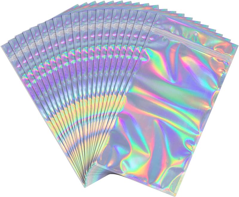 Photo 1 of 100 Pieces 5 X 7 Inch Holographic Bags - Smell Proof Bags Packaging Storage Bags for Small Business, Food Storage, Lip Gloss, Jewelry, Sample