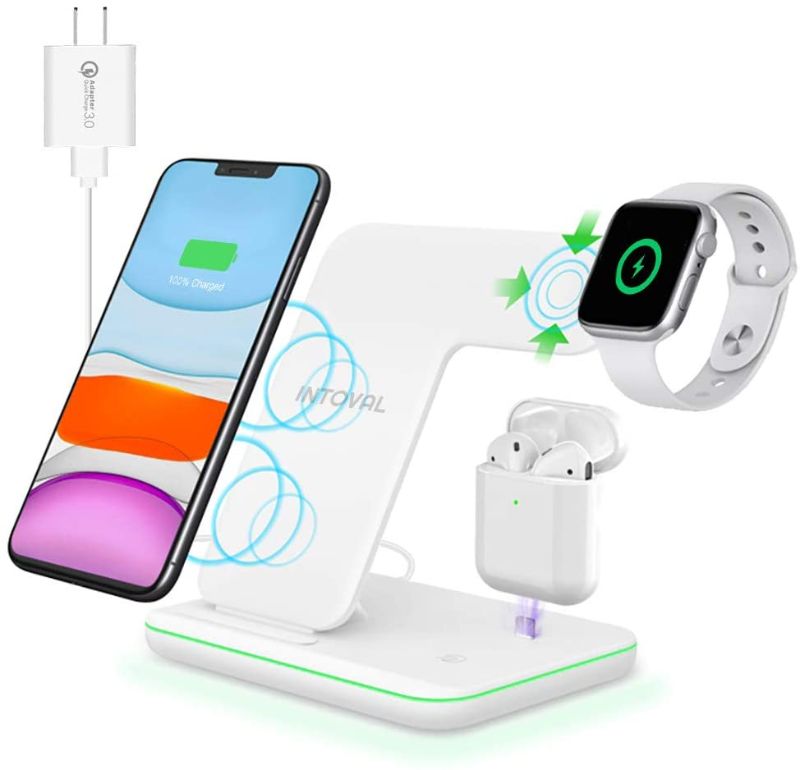 Photo 1 of Intoval Wireless Charger, 3 in 1 Charger for iPhone/iWatch/Airpods, Qi-Certified Charging Station for iPhone 13/12/11/Pro/Max/XS/Max/XR/XS/X, iWatch 7/6/SE/5/4/3/2, Airpods Pro/3/2/1 (Z5,White)
