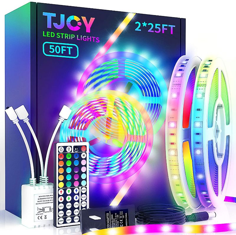 Photo 1 of LED Strip Lights with 44 Key Remote 50 ft, Multi-Color RGB SMD5050 LED Lights ,12 Volt Color Changing LED Light Strip for Bedroom,Room, TV,DIY Decor(44 Key Remote Control +25ft x2+Indoor only)