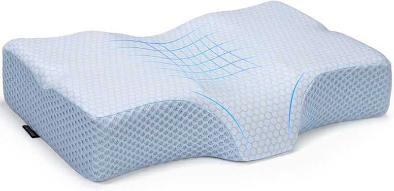 Photo 1 of Adkwse Contour Memory Foam Pillow for Neck Pain, Cervical Pillow for Sleeping, Orthopedic Pillow for Neck Support - Bed Pillows for Side, Back and Stomach Sleepers (Blue+Ice Silk)