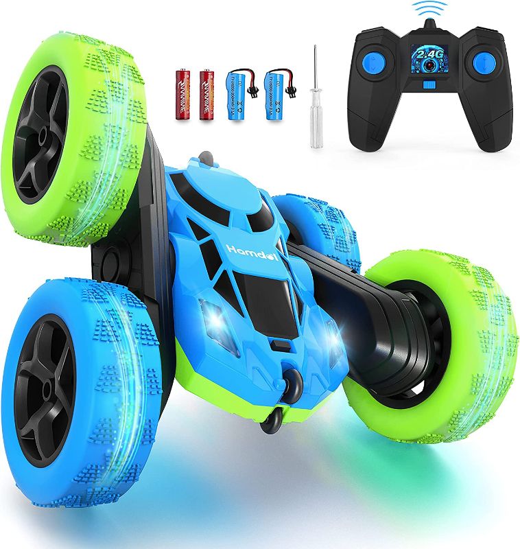 Photo 1 of Hamdol Remote Control Car for Boys 6-12 Year Old Double Sided 360°Rotating 4WD RC Cars with Headlights 2.4GHz Electric Race Stunt Toy Car Rechargeable Toy Cars for Boys Girls Birthday (Blue&Green)