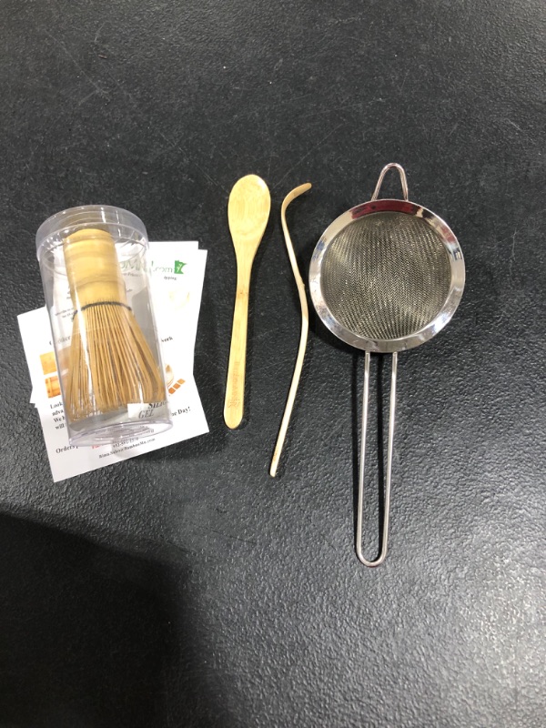 Photo 2 of BambooMN Japanese Tea Set, Matcha Whisk (Chasen), Tea Strainer, Traditional Scoop (Chashaku), Teaspoon, The Perfect Set to Prepare a Traditional Cup of Matcha