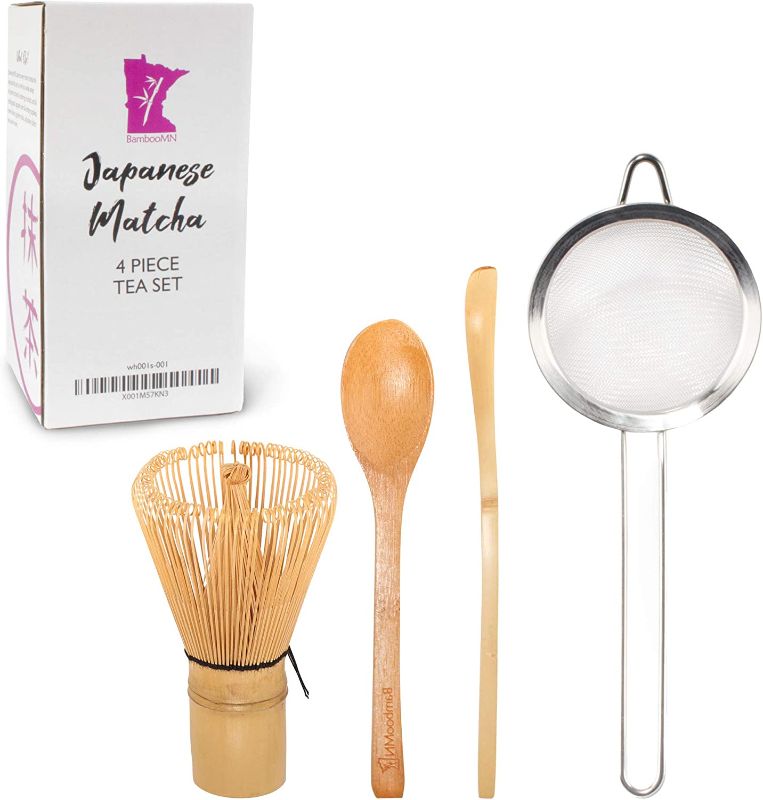 Photo 1 of BambooMN Japanese Tea Set, Matcha Whisk (Chasen), Tea Strainer, Traditional Scoop (Chashaku), Teaspoon, The Perfect Set to Prepare a Traditional Cup of Matcha