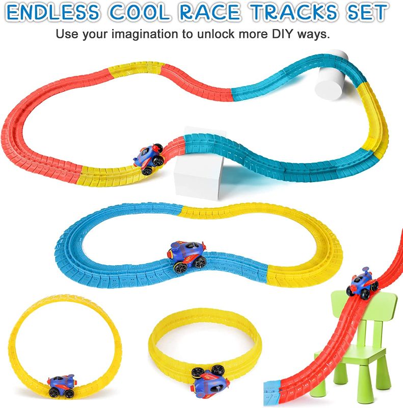 Photo 1 of Race Track Car Set Toys - Flexible Car Set Train Track Playset Magic Racing Car with LED Light Bendable Racetrack 150PCS DIY Stem Toy Cars for Kids Boy & Girl Adults Gifts
