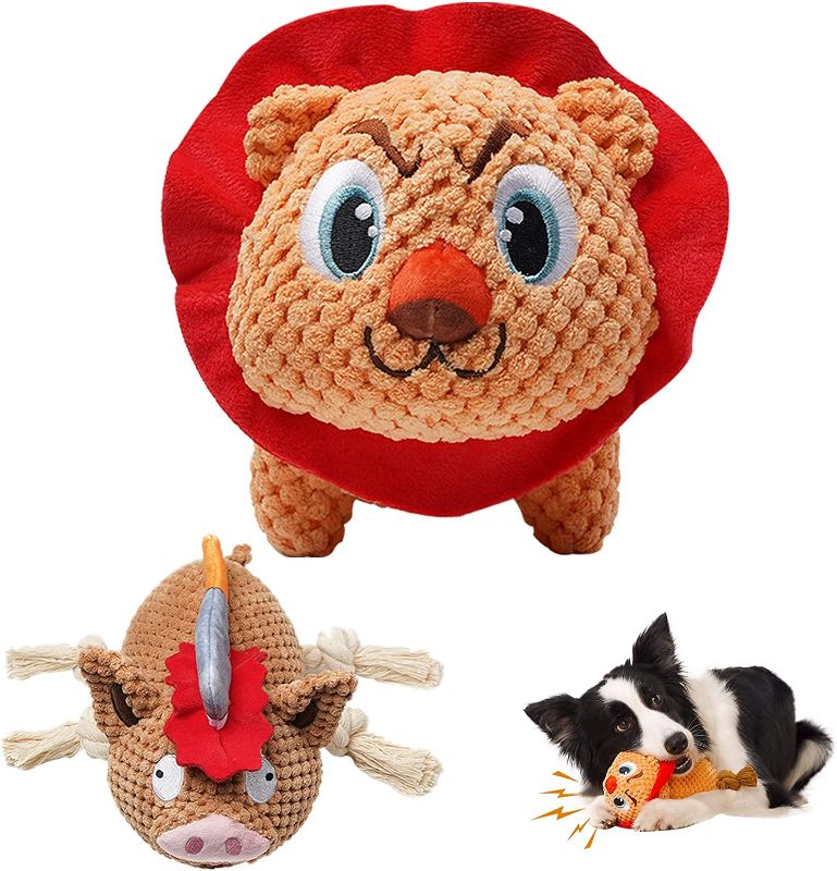 Photo 1 of NissiPet Stuffed Plush Squeaky Dog Toys for Aggressive Chewers,2 Pack Lion&Pig Durable Cute Animal Dog Toys for Small Medium Large Dogs, Tough Rope Puppy Toys with Crinkle Paper for Teeth Cleaning
