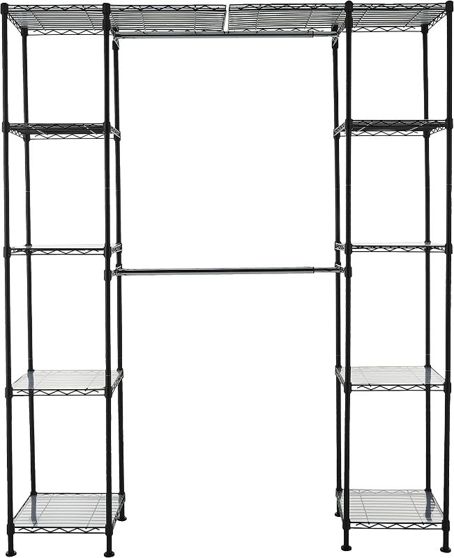 Photo 1 of Amazon Basics Expandable Metal Hanging Storage Organizer Rack Wardrobe with Shelves, 14"-63" x 58"-72", Black
