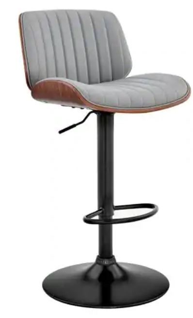 Photo 1 of Armen Living Brock 24-33 in. Adjustable High Back Grey Faux Leather and Walnut Wood with Black Finish Bar Stool