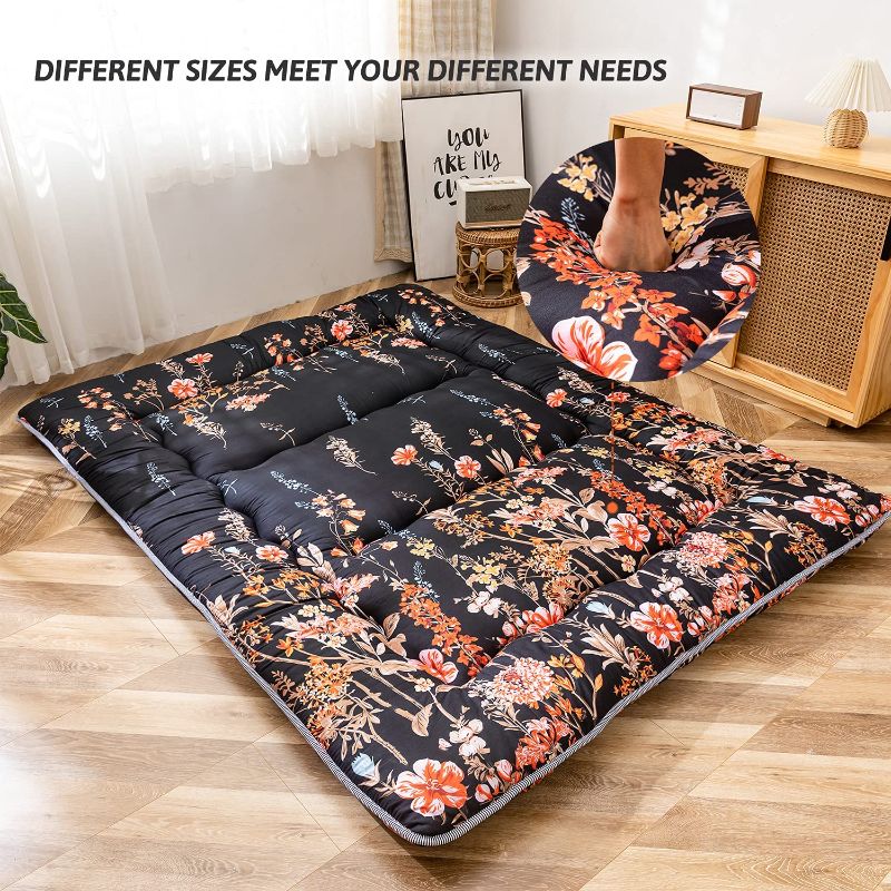 Photo 1 of Black Floral Japanese Futon Floor Mattress, Bed Mattress Topper Portable Thick Sleeping Pad Floor Bed Roll Up Camping Mattress Folding Couch Bed Mattress Pad for Guest Room, Twin Size
