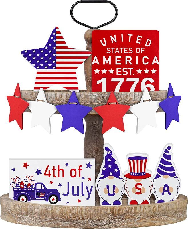 Photo 1 of 5 PCS 4th of July Tiered Tray Decor (Tray Not Included) - Stars and Stripes Wooden Table Sign, USA Gnomes Wood Sign, Fourth of July Patriotic Decorations for Independence Day Memorial Day Veterans Day