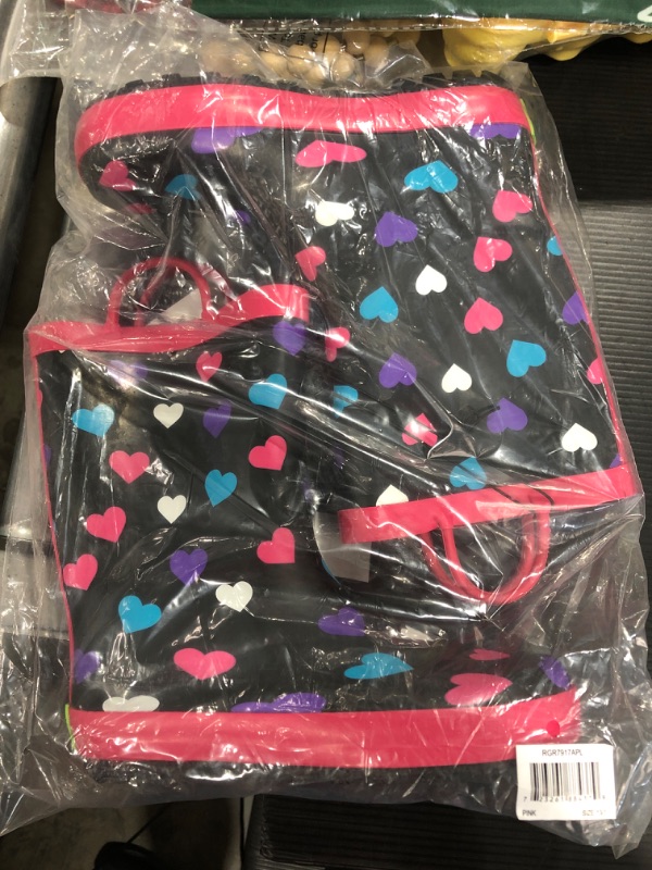 Photo 2 of Rainbow Daze Kids Rain Boots"Rainin' Hearts" Heart Pattern, Waterproof, Rubber, Black Pink, Size 13/1
