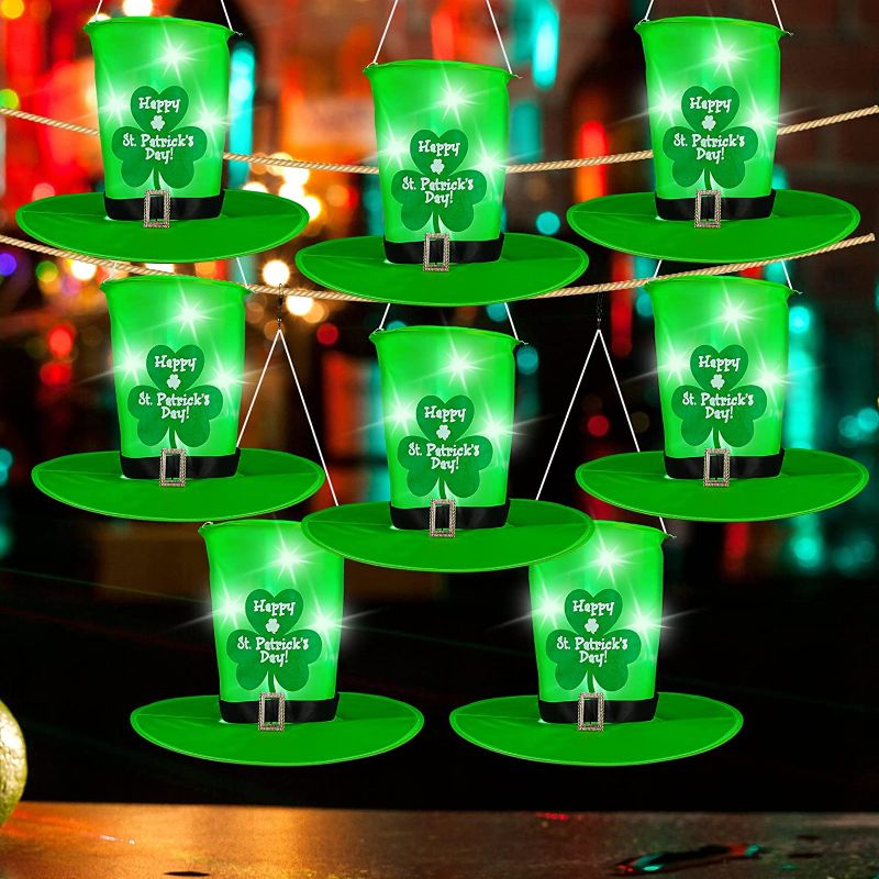 Photo 1 of 8 Pieces 9.2 Inch St. Patrick's Day Hanging Decorations with LED Light Leprechaun Hat with Hook St Patrick's Day Lights Green Shamrock Irish Decorative LED Hat for Outdoor, Home, Garden Party Supplies
